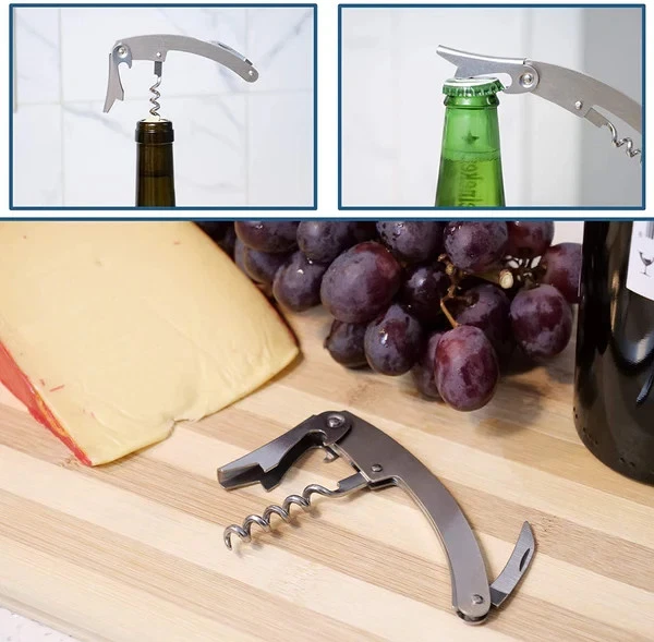 1 - 60 Sacacorchos Acero Inoxidable Doble Bisagra Camareros Abridor de Botellas de Vino Cortador de Lámina Foto 4 de 4