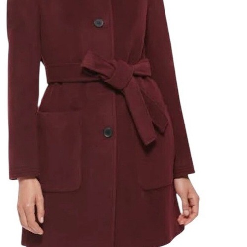 NWT $320 DKNY Women's Stand-Collar Button-Front Belted Coat Maroon Wool Blend L - Picture 4 of 11