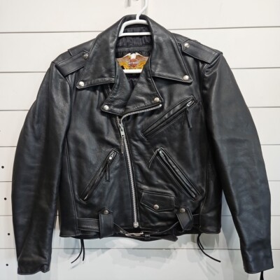 HARLEY DAVIDSON Black Leather Motorcycle Biker Cafe Racer JACKET Coat Mens 38R