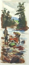 OLD MID CENTURY ORIGINAL WATERCOLOR FISHERMAN RIVER LANDSCAPE PAINTING 