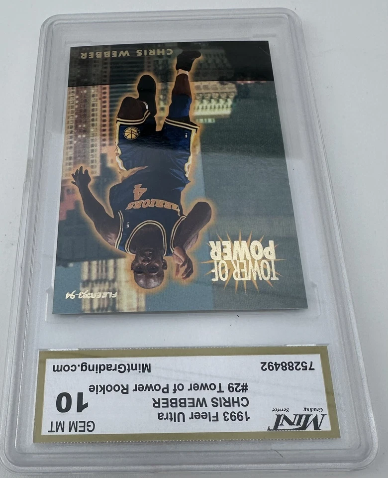 1993 Fleer CHRIS WEBBER #29 Rookie RC Warriors- Tower of Power- GEM-MT 10 - Image 3 of 4