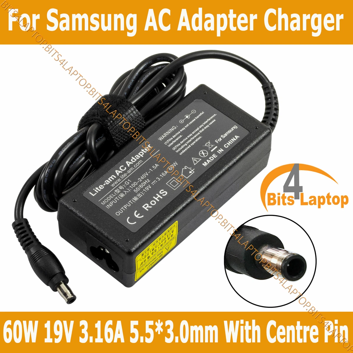 60W Laptop Charger For Samsung Series R NP R60FS03 SEG AC Adapter 19V 3.16A