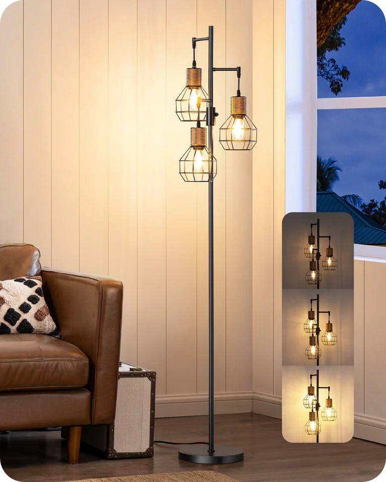 EDISHINE Dimmable Farmhouse Floor Lamp Industrial Black Standing Lamp 3 Bulb - Image 2 of 4