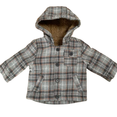 Boys Grey Check Coat Nutmeg Hooded Fleece Jacket Baby Age 0 - 3 Years