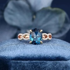 Oval Cut Lab Created London Blue Topaz 925 Silver Ring In 14k Yellow Gold Plated