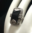 Stunning Vtg Art Deco Black Onyx Marcasite Sterling Silver Ring Size 7.5