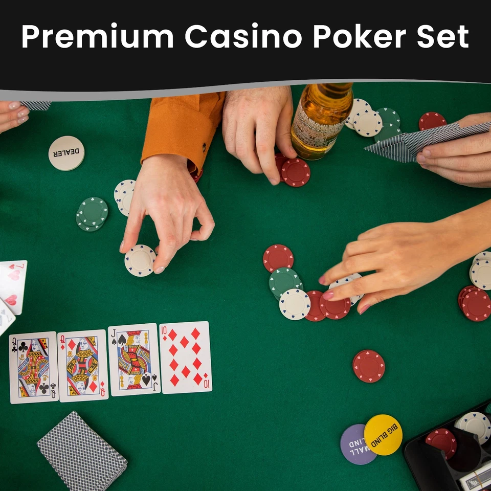 200 Poker Game Texas Hold'em Set Gaming Mat Chips 2 Decks Playing Card With Box - Image 3 of 4