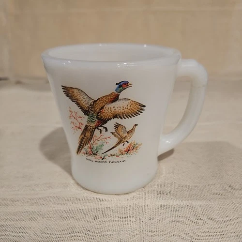 VTG Fire King Ring Necked  Pheasant Game Bird Coffee Cup Mug D-Handle Milk Glass