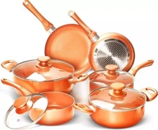 10pcs Cookware Set Ceramic Nonstick Soup Pot Frying Pans Copper Aluminum Pan Lid