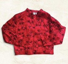 Vintage Chico Red Silk BomberJacket with Black Floral Embroidery