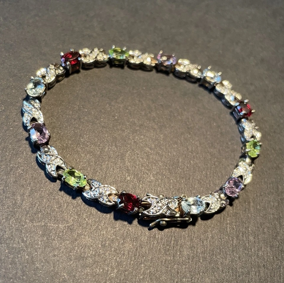 Sterling Silver 925 Gemstone Bracelet Garnet Blue Topaz Citrine Peridot Amethyst - Image 2 of 4