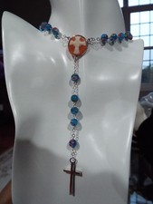 Carnelain cross on a authentic Murano light blue glass rosary /neckl