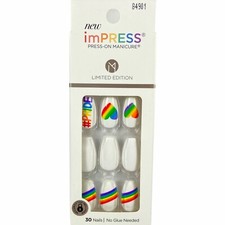 NUEVO Kiss Nails Impress Press On Manicura Medio Ataúd Gel Blanco Rainbow Pride