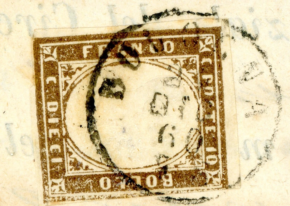 Italia 1858 Cerdeña 10¢ Marrón Oscuro Scott #11j Sobre Cubierta P574 Foto 3 de 4