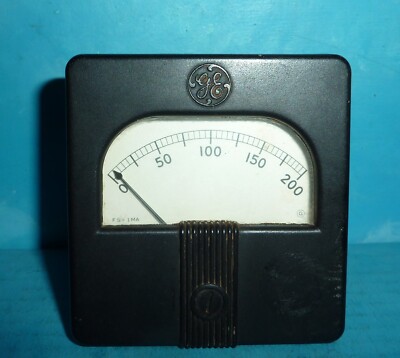 General Electric AAM214 Type DO-53 Panel Meter 0-200 Full Scale=1mA 3in x 3in