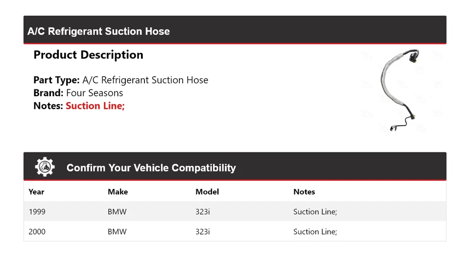 Mangueira de sucção refrigerante 4 estações para 1999-2000 BMW 323i A/C - Imagem 2 de 4