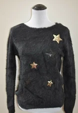 Molly Bracken Womens Fuzzy Black Pullover Sweater Sequin Star One Size NWT $88