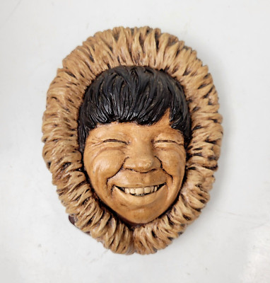 Bossons Style Chalkware Eskimo Inuit Head Wall Art Black Hair Fur Hood Vintage