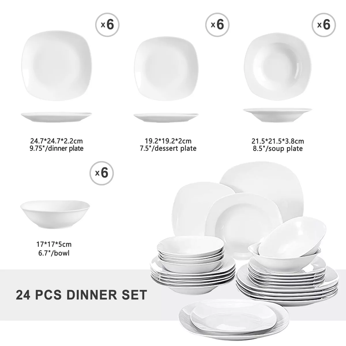 MALACASA Elisa 24-Piece Ceramic Porcelain Tableware Dinner Set