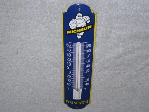 VINTAGE MICHELIN TIRE SERVICE TYRE MAN 12" PORCELAIN METAL GAS THERMOMETER SIGN!