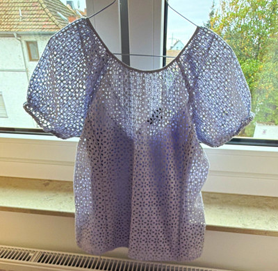J.CREW Damen Bluse Lila Spitze Lochstickerei Blumen Kurzarm V-Ausschnitt