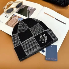 Louis Knit Beanie Hat Wool Unisex Black Gray Checkered New