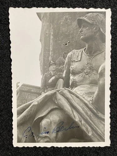 WW2 Military Soldier On Statue In Berlin Germany Antique Vintage Snapshot Photo