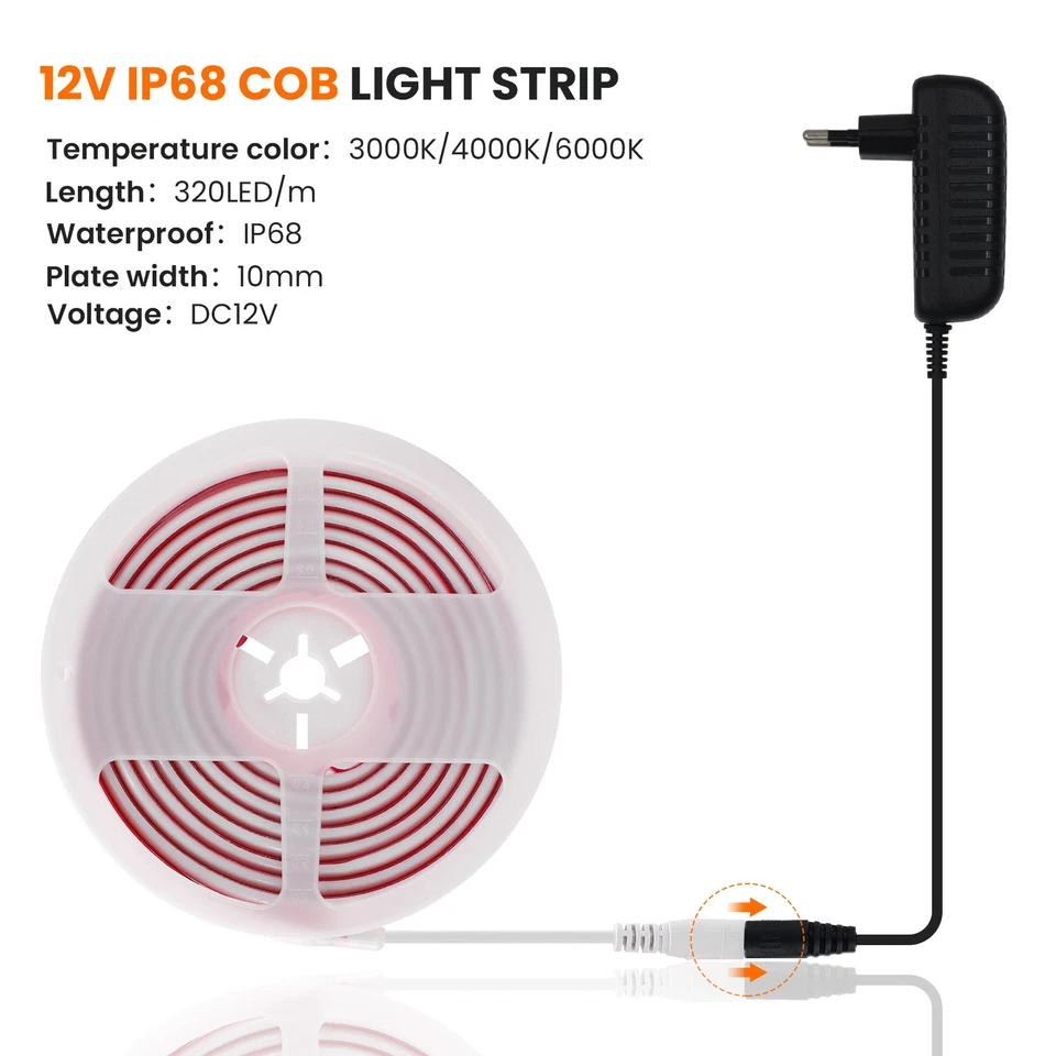 12V COB LED Strisce al Neon IP68 Impermeabile 320 LED/m Flessibile Alimentatore - Immagine 3 di 4
