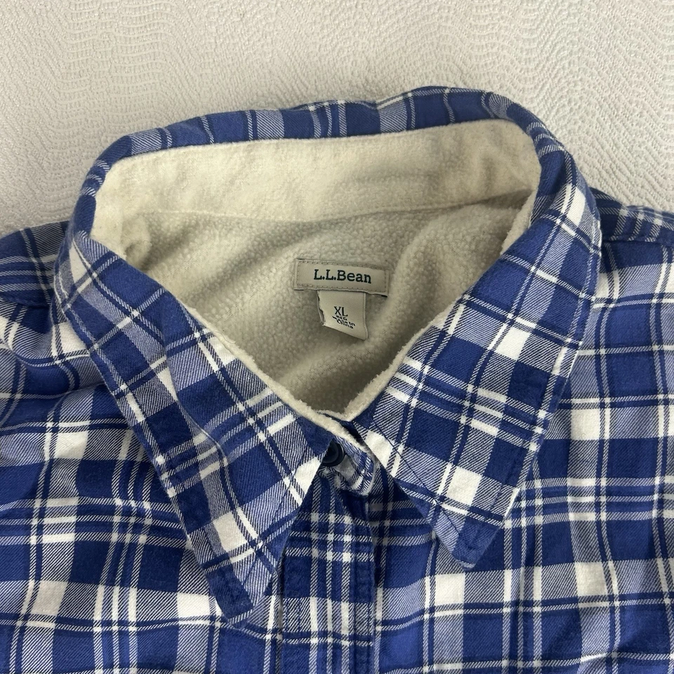 Camisa de franela forrada de vellón LL Bean para hombre XL abotonada azul blanco a cuadros Foto 2 de 4