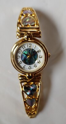 Vintage Abalone Quartz two tone ladies watch with stretch band 12 Vintage Watches Women Stretch Band Leather Abalone Quartz  main image 2
