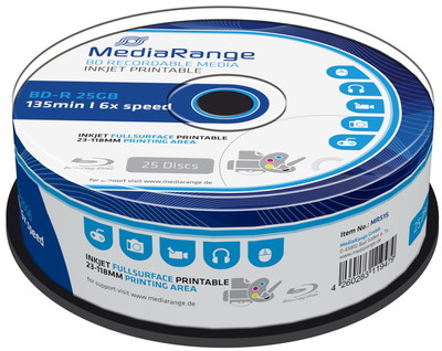 100 Mediarange Rohlinge Blu-ray BD-R full printable 25GB 6x Spindel