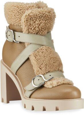 未使用 クリスチャンルブタン ムートンブーツ 35.5 CHAMPIGNON Christian Louboutin Pole Chic 70 Champignon Leather Shearling