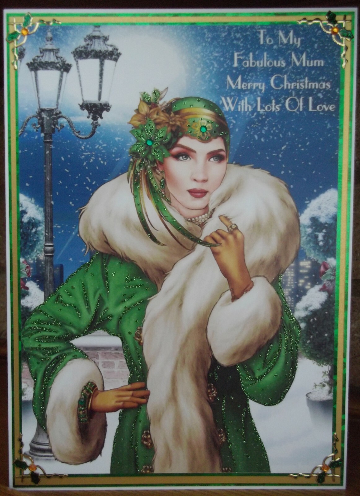 HANDMADE PERSONALISED ART DECO MUM CHRISTMAS CARD LADY IN A WINTER