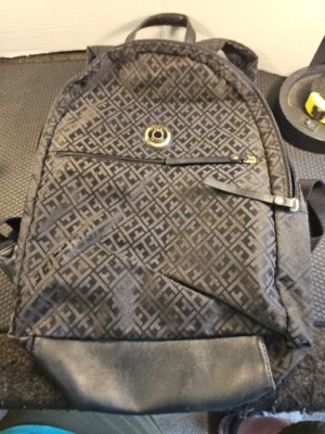Tommy Hilfiger Large Black Patterened Backpack Style Purse Bag Zippered 