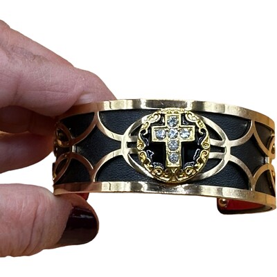 Snap Jewelry Cuff Bracelet Black & Gold Sparkling 18mm Cross Ginger Snap NWT