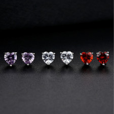 Women 925 Sterling Silver Amethyst Red Blue CZ Heart Stud Earrings Gift Box C2