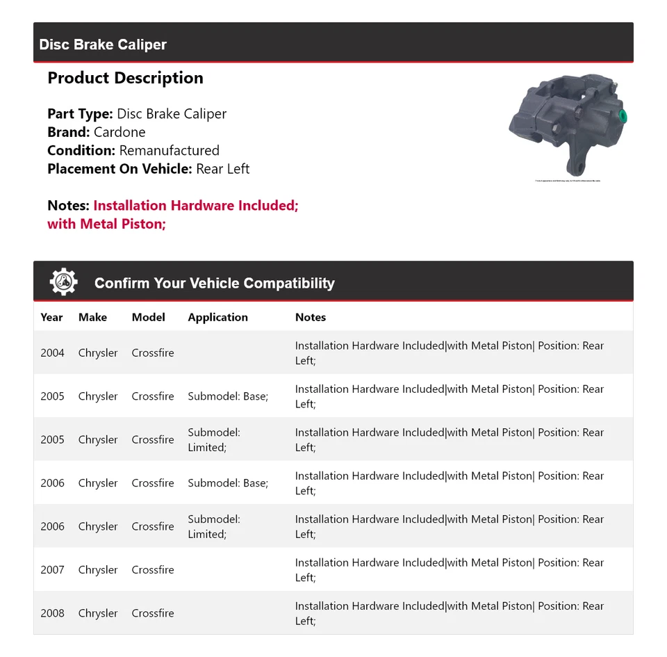 Pinza de freno de disco trasera izquierda Cardone 2005 2006 Chrysler Crossfire 2004-2008 Foto 2 de 4