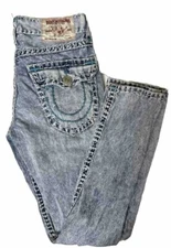 True Religion Men 30X33 Slim Blue Stitch Denim Jeans Stone Wash Distressed