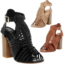New Womens Open Toe Woven Cage Ankle Strap Pump Sandal Booties Chunky High Heel