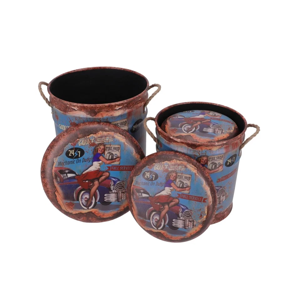 Pouf De Metal Industrial Efecto Vintage Bidón Contenedor 3 Pz Garaje - Imagen 4 de 4