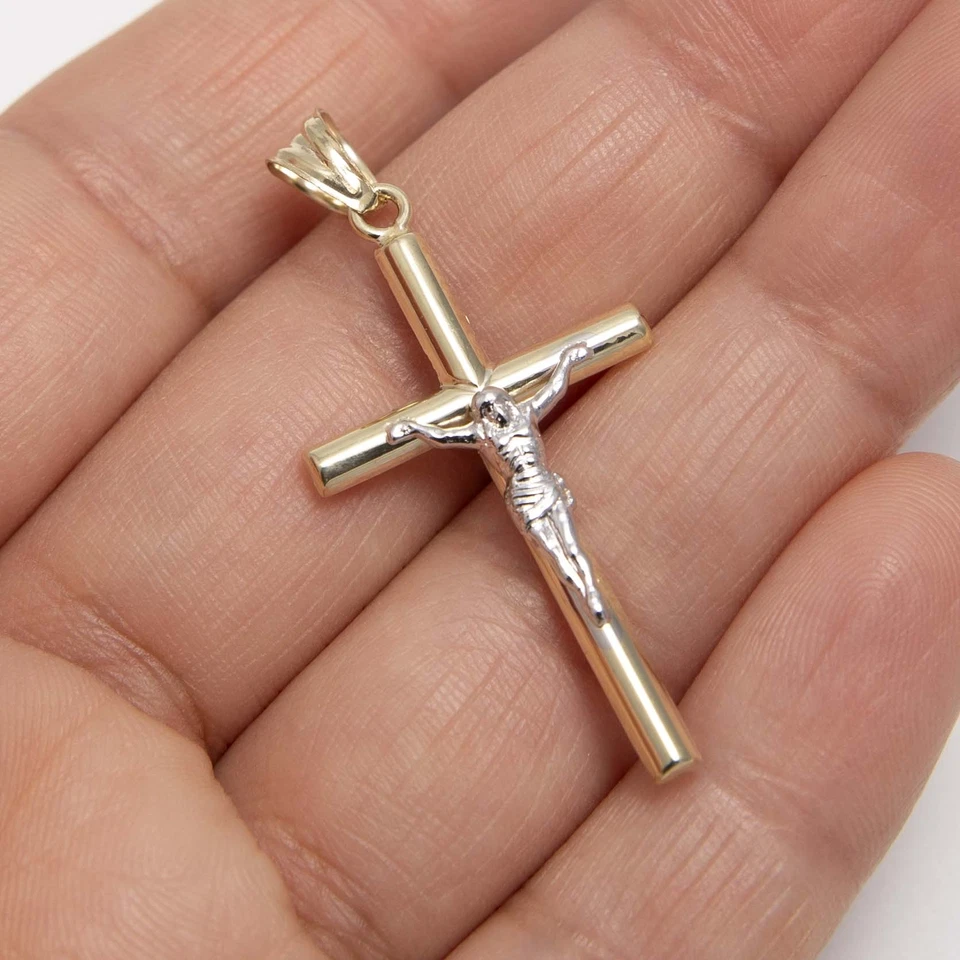 Colgante Crucifijo Cruz Jesús 1 3/4" Oro Blanco Amarillo 10K Real