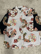 CITRON Santa Monica Silk Linen Top Black Floral Asian Art to Wear Blouse Sz PM