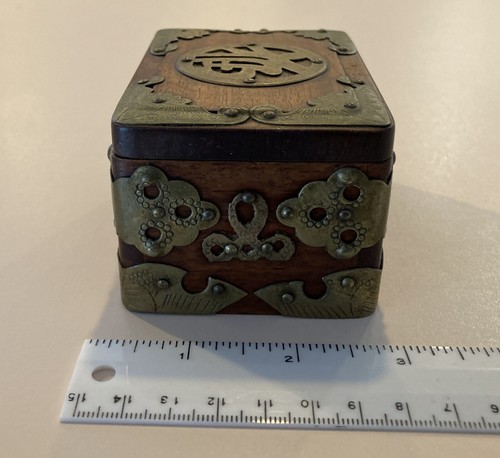 Vintage Rectangular Wood Brass Keepsake Jewelry Trinket Box Good Fortune - China - Picture 2 of 7