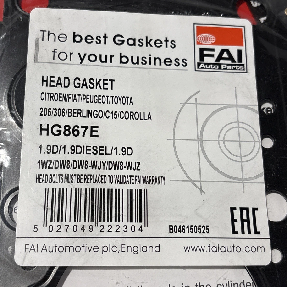 Head Gasket CITROEN/FIAT/PEUGOT/TOYOTA HG867E 1.9D,1.9Diesel,1.9D photo 3