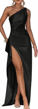 OYS Black One Shoulder Maxi Dress Size Medium High Slit Ruched Stretch Bodycon F