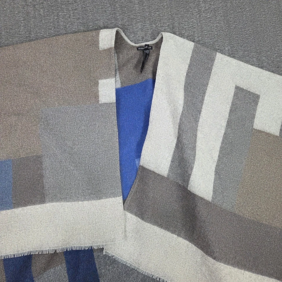 EILEEN FISHER  Open Poncho Women OS Gray Geometric Colorblock Wool Blend - Image 2 of 4