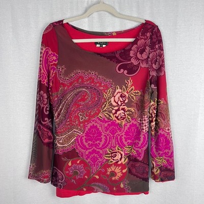 Etro Milano Top Womens Medium Mesh Red Paisley Floral Print Y2K Artsy Boho Fairy