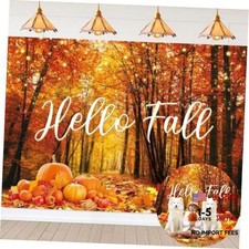 Hello Fall Banner Backdrop Autumn Harvest Pumpkin Maple Leaves Forest 7x5FT
