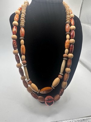 Vintage Boho Beaded Necklace Set Wood Resin Earth Tone Toggle Clasp Layering Set