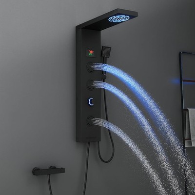 Duschpaneel Matt Schwarz Edelstahl mit LED Temperaturanzeige 5in1 Duschsäule